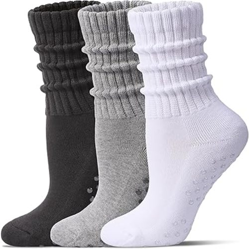 Pilates Socks for Women Mid Calf Slouch Yoga Socks with Non Slip Grippers for Barre Boot Sock 3 Pairs