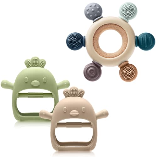 TOHIBEE Baby Sensory Teething Ring + Baby Teething Mitten for 0-6 6-12 Months