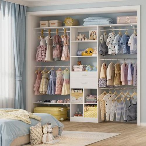 Aheaplus 4.75-8FT Closet System with Wooden Drawers & Cube Storage Organizer - White