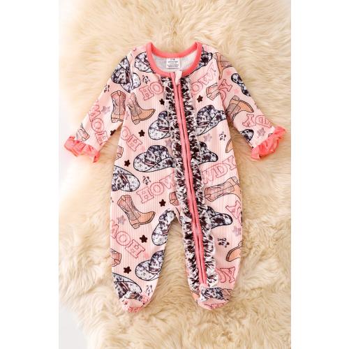 Howdy" girls baby romper with western print.