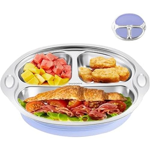 Stainless Steel Suction Plates for Toddler Babies, Divided Baby Plates,Toddler Feeding Supplies, Dishwasher & Microwave Safe (1 Pack)