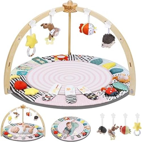 Baby Play Mat Activity Gym,6 Developmental Zones Tummy Time Mat, Wooden Baby Play Gym with 7 Detachable Sensory Toys for Newborn Brain Development, Essential Baby Shower Set, Pink