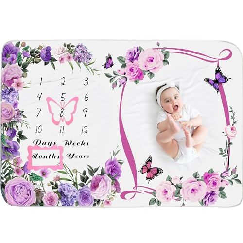 Chumia Baby Monthly Milestone Blanket for Baby Girl 59"x39" Floral Photo Prop Age Milestone Blanket with 2 Felt Floral Wreath Frame(Purple,Flower)