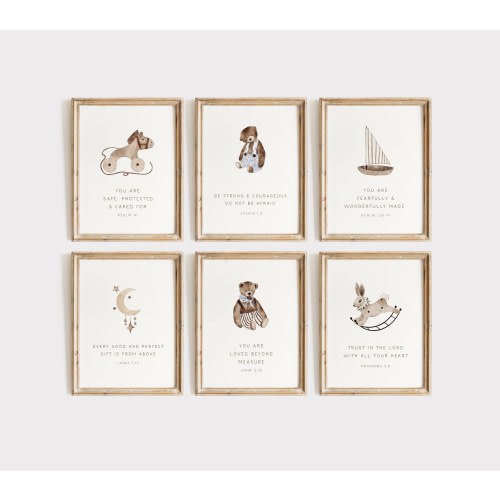 Nursery Christian Art Set of 6, Vintage Scripture Wall Art, Baby Boy Room Bear Decor, Psalm 139, Kid's Bible Verse Affirmations Gallery Wall