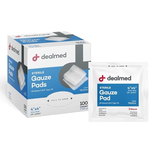 Dealmed 4’’ x 4’’ Sterile Gauze Pads (100 Count) Disposable and Individually Wrapped Medical Gauze Pads, Wound Care Product for First Aid Kit and Medical Facilities (Pack of 1)