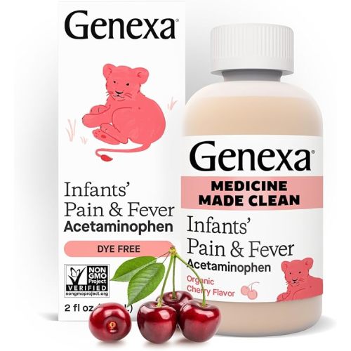 Genexa Infants’ Clean Pain & Fever Acetaminophen, Dye Free, 0% Artificial Additives, Delicious Organic Cherry Flavor, Liquid Oral Suspension Medicine for Baby, 160 mg per 5mL, 2 fl oz