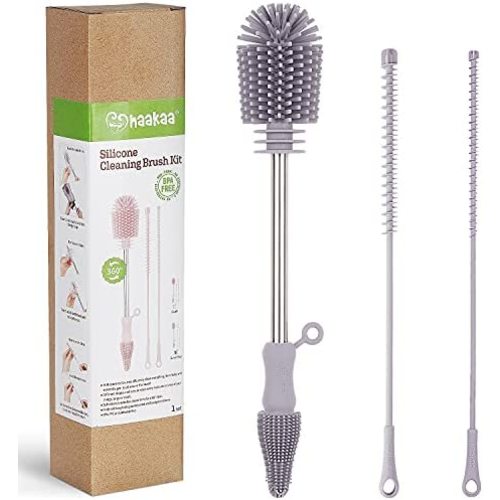 haakaa Cleaning Brush Kit Grey - Silicone Bottle Brush Cleaner Baby Bottle Brush Set Reusable Silicone Brush Soft Bristles for Breast Pump,Baby Bottle,Nipple,Straw,Milk Storage Bag,All-Round Cleaning
