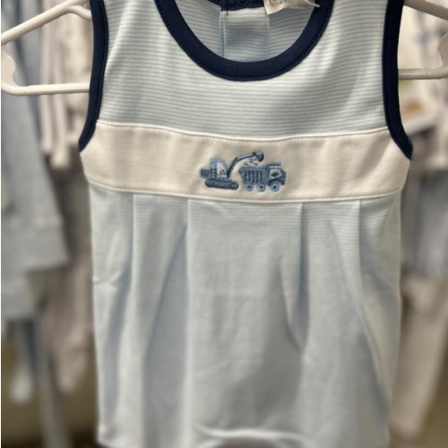 Blue Construction Playsuit. Size: 3-6M