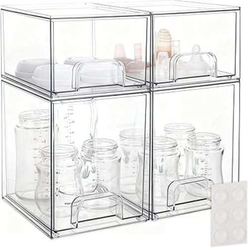 Baby Bottle Storage Organizer - Acrylic Storage Containers, 4 Pack Clear Stackable Drawer Baby Bottle Station Organizer for Countertop Cabinet, BPA-Free, Lead-Free