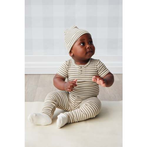 Organic Cotton Modal Lennon Beanie - Narrow Stripe Oak/Soft Clay