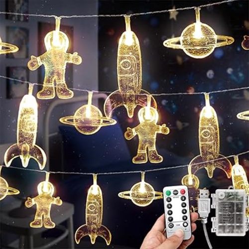 20 LED Children's Room LED String Light Astronaut Spaceship Rocket Pendants Holiday Party Lights Wall Window Nursery or Kids room Decor Wedding Around the Garden Party Patio Christmas (Warm White)