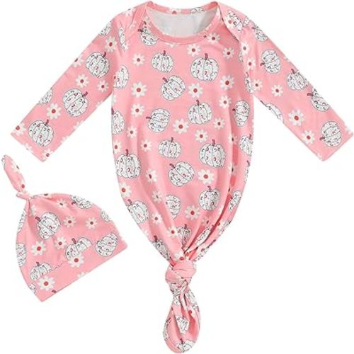 Ayalinggo Newborn Boy Girl Coming Home Outfit Baby Infant Sleeper Gown Nightgown Outfits Cute Fall Winter Pajamas and Hat (Halloween Pumpkin Pink, 0-3 Months)