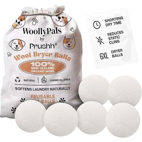 WoollyPals Dryer Balls (6-Pack, XL Size) - 100% New Zealand Wool - No More Dryer Sheets - Eco Dryer Balls - Reusable - Softens Laundry - Reduces Drying Time & Static - with Storage Bag (Plain White)