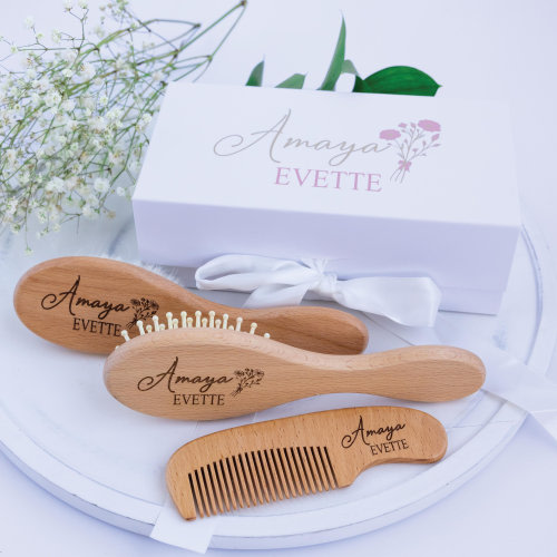 Personalized Wooden Baby Hair Brush Set