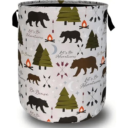 Funny Adventure Bear Forest Laundry Hamper Camping Laundry Basket With Handles Foldable Oxford Cloth Colorful Tote Bag Clothes Toy Storage Bucket 18.9"x16.5"For Bathroom/Laundry/Bedroom