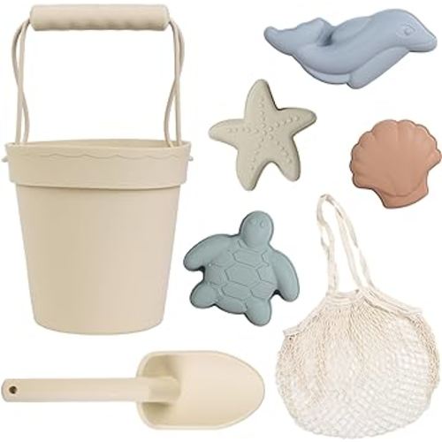 BLUE GINKGO Silicone Beach Toys - Modern Baby Travel Friendly Beach Set | Bucket, Shovel, 4 Sand Molds, Bag | Sand Toys for Toddlers, Kids - 7pc (Beige)