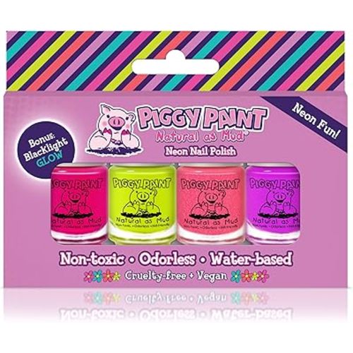 Piggy Paint Nail Polish, Non-Toxic - Neon with Backlight Glow (4 Color Set)