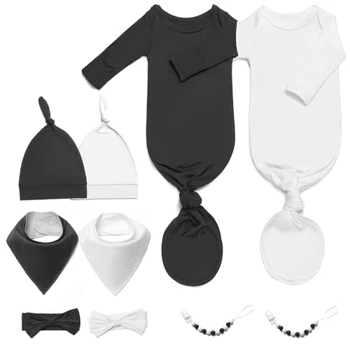 2PK Ultra Soft Knotted Newborn Sleep Gown for Baby Girls Boy- Coming Home Hospital Outfit with Hat, Bow, Clip & Drool Bib Set