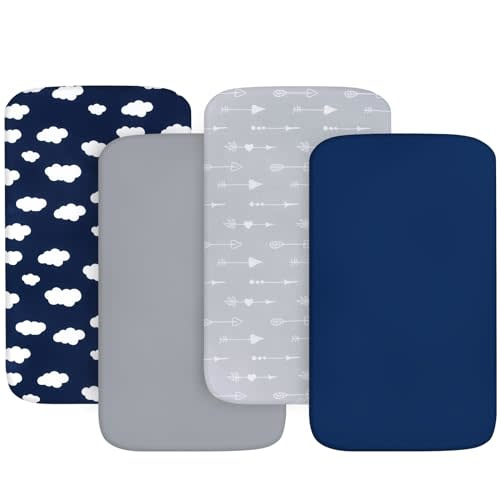 4-Pack Fitted Pack and Play Sheets for Boys and Girls - Breathable, Soft Microfiber Baby Sheets in Grey and Navy