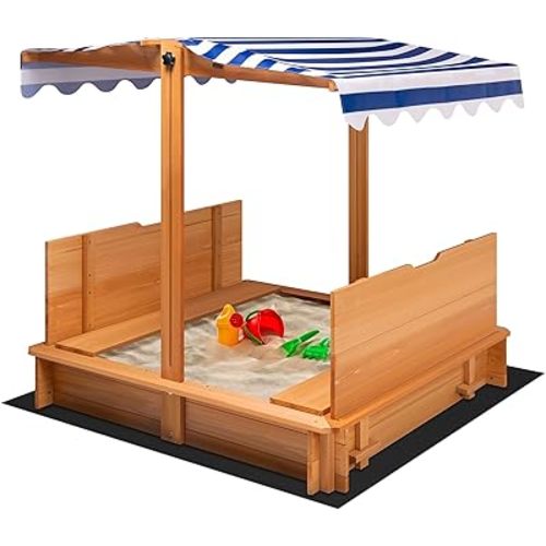 VIVOHOME 47" Solid Fir Wooden Sandbox with Adjustable Sun Canopy & Foldable Benches, Outdoor Play for Kids, Weather-Resistant Design, Drainage Liner & UV Protection for Backyard/Beach