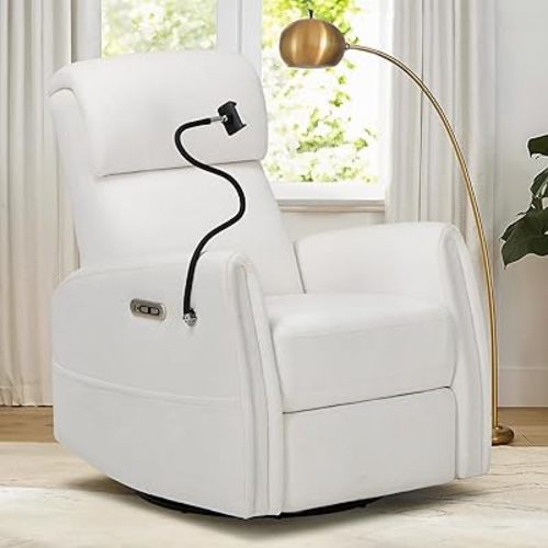COLAMY Power Swivel Glider Recliner Chair, Nursery Rocking Chair, Living Room Chair, 270° Swivel 145° Recliner Chair with Built-in Charging Ports for Living Room, Apartment, Home, White