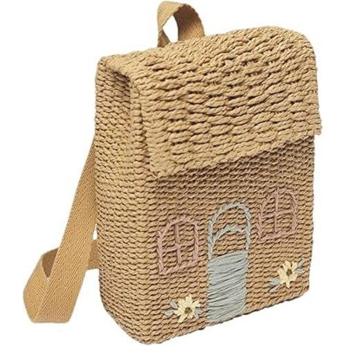 Handwoven Straw Backpack with Floral Embroidery Cute Small House Design Natural Woven Clutch Handbag Shoulder Bag Beige Beach Style