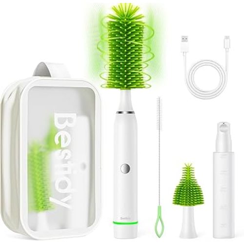 Bestidy Electric Baby Bottle Cleaner Kit for Travel- Rechargeable 360° Rotation Electric Baby Bottle Brush with Replaceable Nipple/Straw Brush, 2-Speed Modes, 50ml Lotion Bottle & Storage Bag, Green