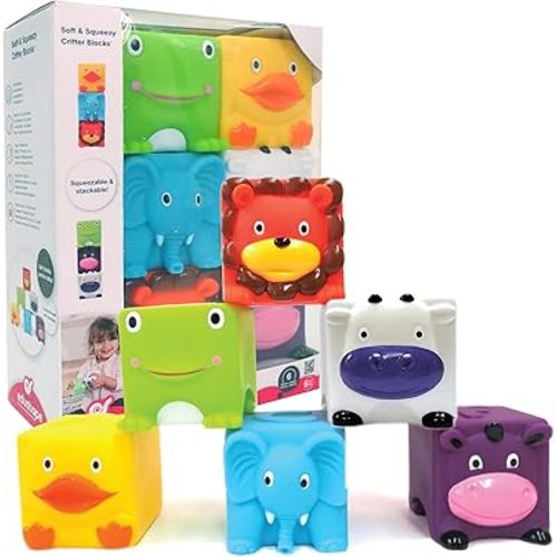 Edushape Soft & Squishy Animal Blocks - Stack, Chew, Bounce, Toss, Fidget Stress Relief Toy
