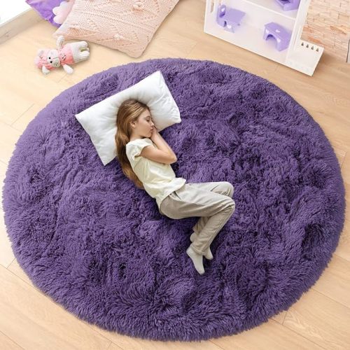 junovo Round Rug 5x5 Feet Fluffy Soft Area Rugs for Kids Girls Room Princess Castle Plush Shaggy Carpet Cute Circle Nursery Rug for Kids Girls Bedroom Baby Room Home Decor Circular Carpet, Grey-purple - 5ft