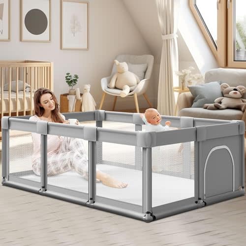 XVISHX Baby Playpen with Gate, 74''x50'' Large Playpen for Babies and Toddlers, Indoor Active Center, Foldable Baby Playard Play Pen Fence, with Soft Breathable Mesh Grey, 74×50 in