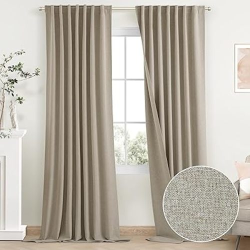 SimpleHome Natural Linen 100% Blackout Curtains for Living Room,84 Inch Length Farmhouse Back Tab Textured Curtains for Bedroom,2 Panels,52" W x 84" L