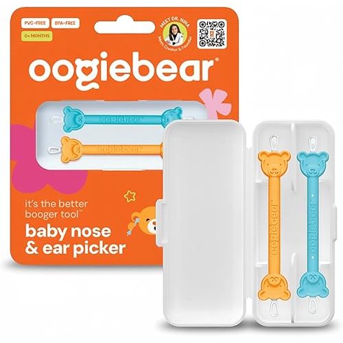 oogiebear - Patented Nose and Ear Gadget. Safe, Easy Nasal Booger and Ear Cleaner for Newborns and Infants. Dual Earwax and Snot Remover. Aspirator Alternative - Two Pack with Case - Orange Seafoam
