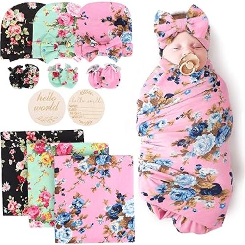 BQUBO Floral Swaddles for Baby Girl Newborn Receiving Blanket with Bow Hat Mittens Wooden Birth Announcement Card Set Baby Floral Print Swaddle Nursery Swaddle Wrap