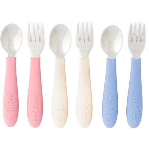 Elk and Friends Kids Silverware with Silicone Handle | Childrens Safe Flatware | Toddler Utensils | Baby Spoons + Forks | Stainless Steel Cutlery