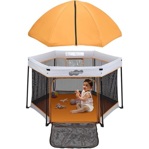 Pamo Babe Pop UP Playpen with Sun Protection Canopy - Play Yard for Babies - Baby Tent with Zipper Gate, Orange