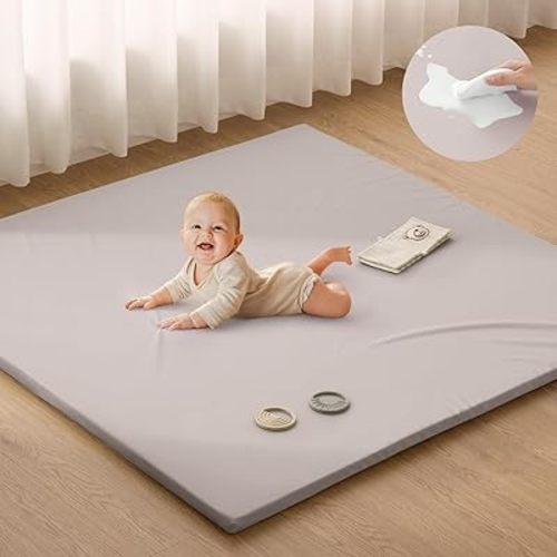 Blissful Diary Vegan Leather Baby Play Mat, 50x50 Thicken Foam Cushioned & Waterproof Playpen Mat for Infants and Toddlers, Stylish and Just Wipe-Clean Crawling Mat for Babyplay on Floor, Brown Gray