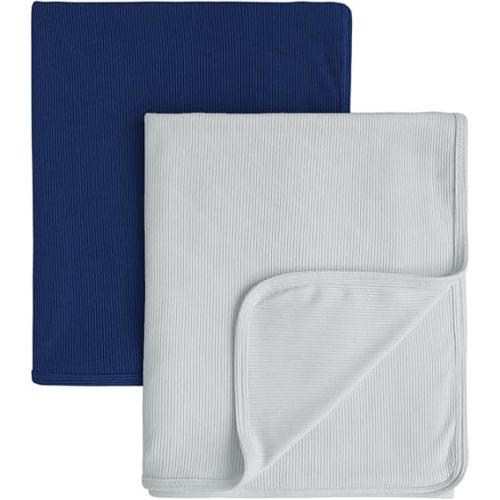 Konssy Knit Baby Blanket 2 Pack, Soft Ribbed Swaddle Receiving Blankets for Boys & Girls, Lightweight Cozy Swaddling Wrap for Newborns, Infants, & Toddlers, 33x42 Inch (Navy, Blue Gray)