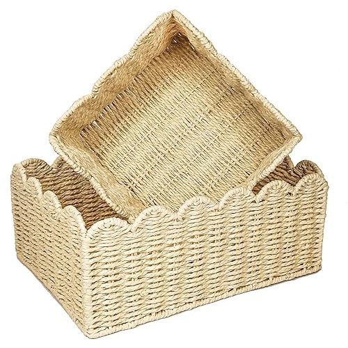 Scalloped Edge Basket, Wicker Storage Baskets, Hand Woven Baskets for Shelves,Natural Baskets for Organizing (S+M)