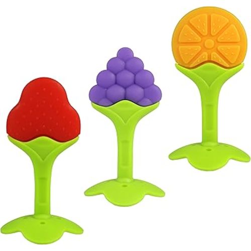 RaZbaby Infant & Baby Massager & Teether Toy 3-Pack, Fruit-Shaped Multi-Texture Teethers Soothe Sore Gums, Non-Toxic BPA-Free Food-Grade Silicone, Hands-Free & Easy to Hold, Safe to Freeze, 3M+