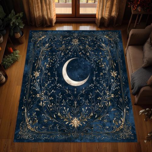Crescent Moon Area Rug, Celestial Decor Carpet, Night Sky Living Room Rug, Mystical Art Rug, Elegant Blue Decor, Washable Rug, Non Slip Rug