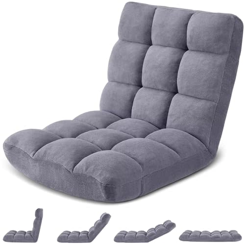Avocahom Folding Floor Gaming Chair 14-Poistion Cushioned Adjustable Floor Lazy Sofa Chair w/Breathable Cotton & Skin-Friendly Coral Velve for Adults & Kids Perfect for Reading Gaming Meditating, Grey