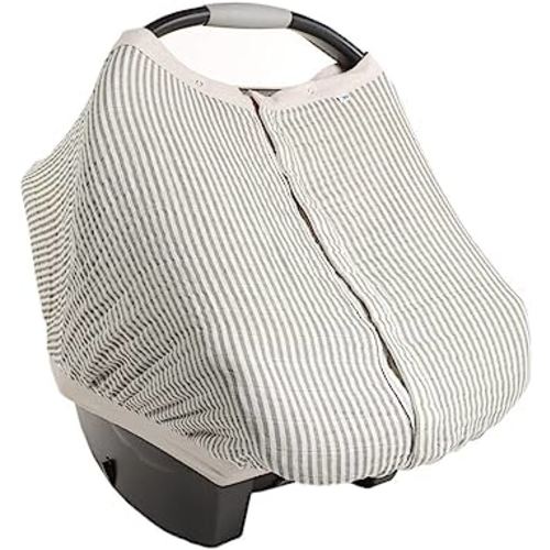 Little Unicorn 100% Cotton Muslin Car Seat Canopy | Super Soft Lightweight Cover with Window | Breathable | Magnetic Closure | Baby and Infant | Machine Washable | Shower Gift | Grey Stripe