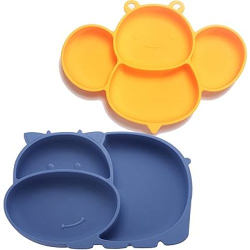 RUNDE Silicone Baby Plates with Suction,Divided Placemat Dish for Toddlers and Kids,Baby First Stage Self Feeding Training Supplies (MF-Blue & Yellow)