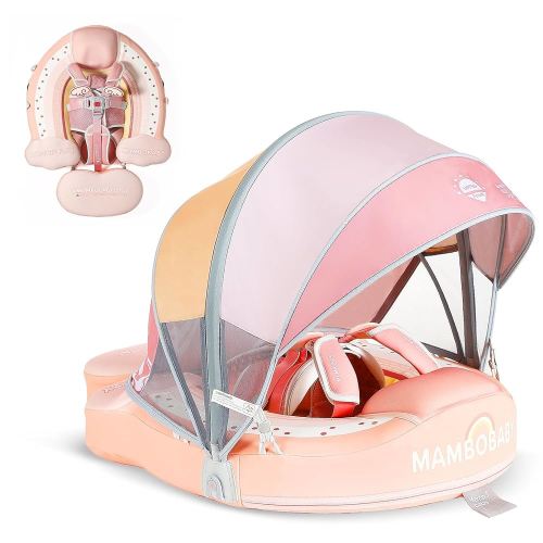 Mambobaby Baby Pool Float with Canopy, Non-Inflatable Infant Floats with Tail Solid Upgrade Soft Waterproof Skin-Friendly Mambo Baby Swimming Float for 3-24 Months Baby Boys Girls