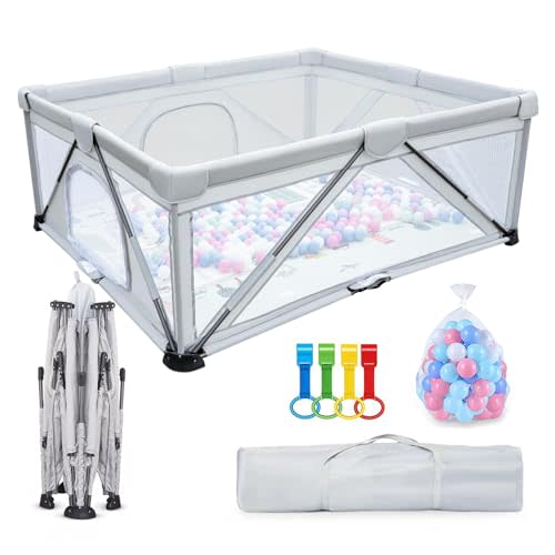 JJKAKA Grey Foldable Baby Playpen, Large Play Yard, Portable Playpen for Babies and Toddlers, Safe and Sturdy with Non-Slip Silicone Feet, Mesh Fabric, Unisex