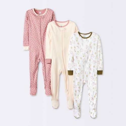 Baby Girls' 3pk Prairie Floral Zip-up Sleep N' Play - Cloud Island™ Pink