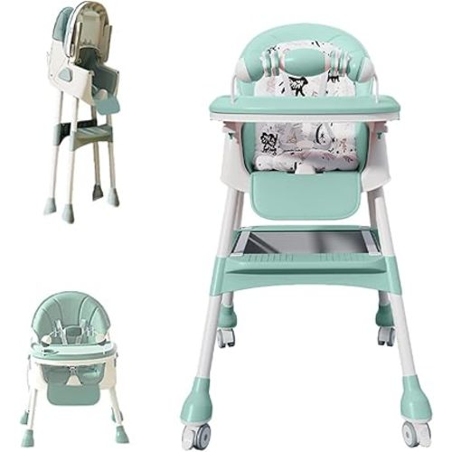 Foldable 4-in-1 Baby High Chair for Babies & Toddlers, High Chair with Detachable PU Cushion, Removable Tray, Adjustable Height, Locking Wheels,Mint Green