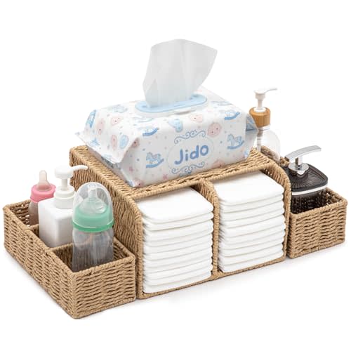 Large Wicker Diaper Caddy Organizer, Detachable Modular Changing Table Organizer for Nursery, Woven Diaper Storage Dispenser Rattan Basket for Nursery Diapering Baby Shower Essentials Gift