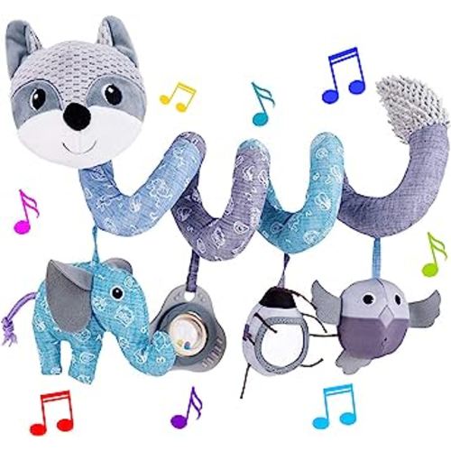 HILENBO Car Seat Toys, Infant Baby Spiral Activity Hanging Toys for Car Seat Stroller Crib Bassinet Mobile with Music Box BB Squeaker Rattles-Gray Fox