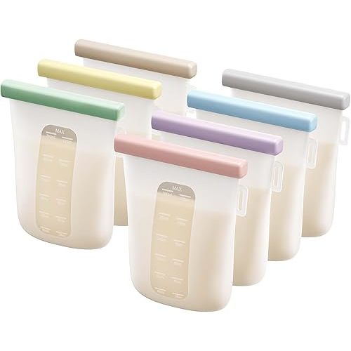 Nuliie 7 Pcs Reusable Silicone Breastmilk Storage Bags, 12oz/360ml Double Leak-Proof, BPA Free Self-Standing Milk Bags for Breastfeeding, Baby Food Pouches